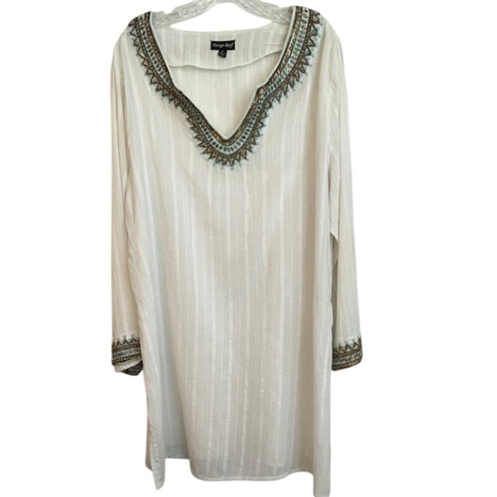 Mango Reef women's beaded, sequined v-neck tunic blouse.